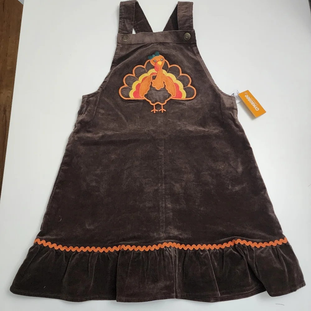 Gymboree Corduroy Embroidered Turkey Thanksgiving Overalls Dress Size 12 NEW
